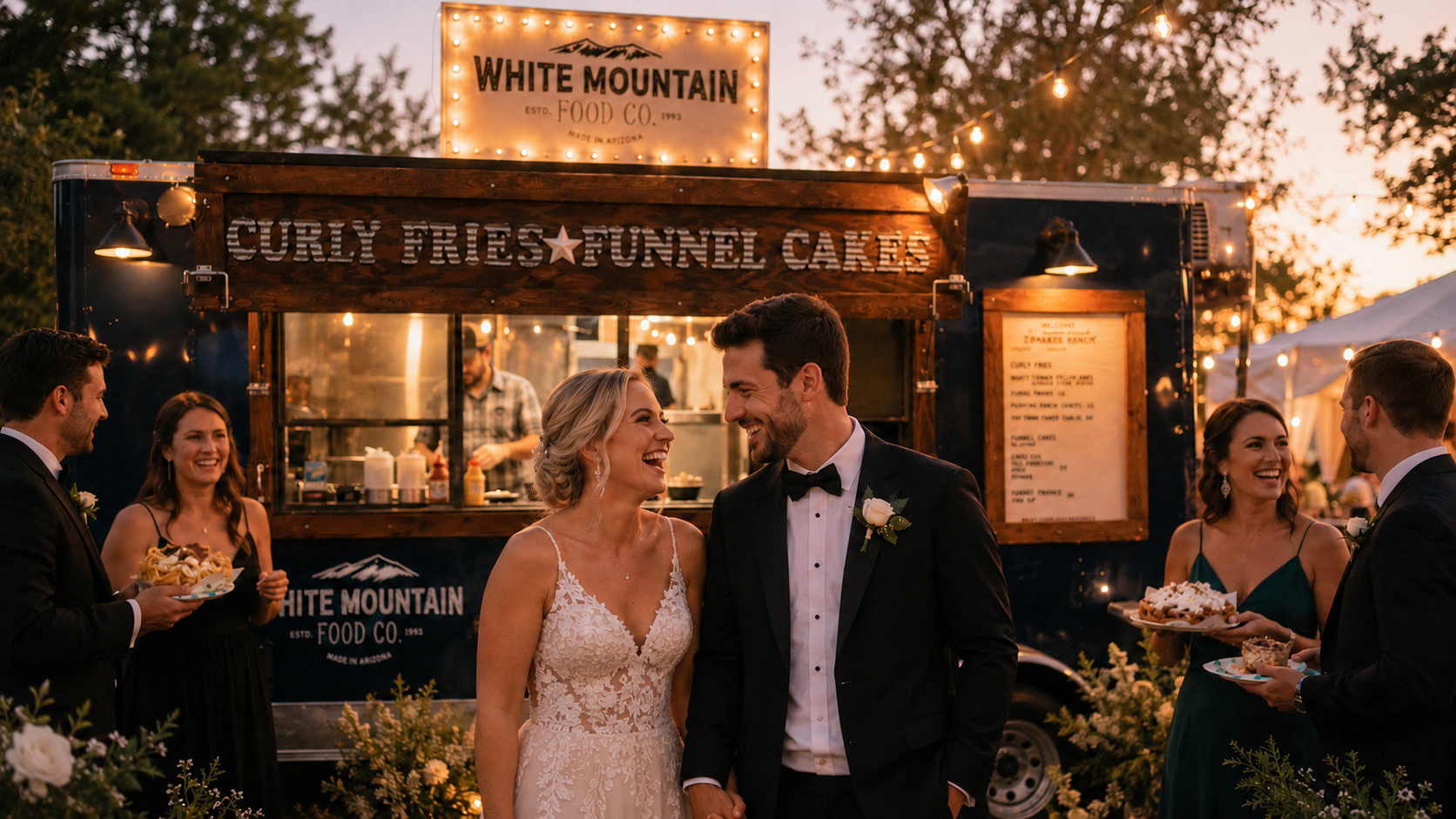 White Mountain carnival food truck serving funnel cakes at an evening wedding celebration.