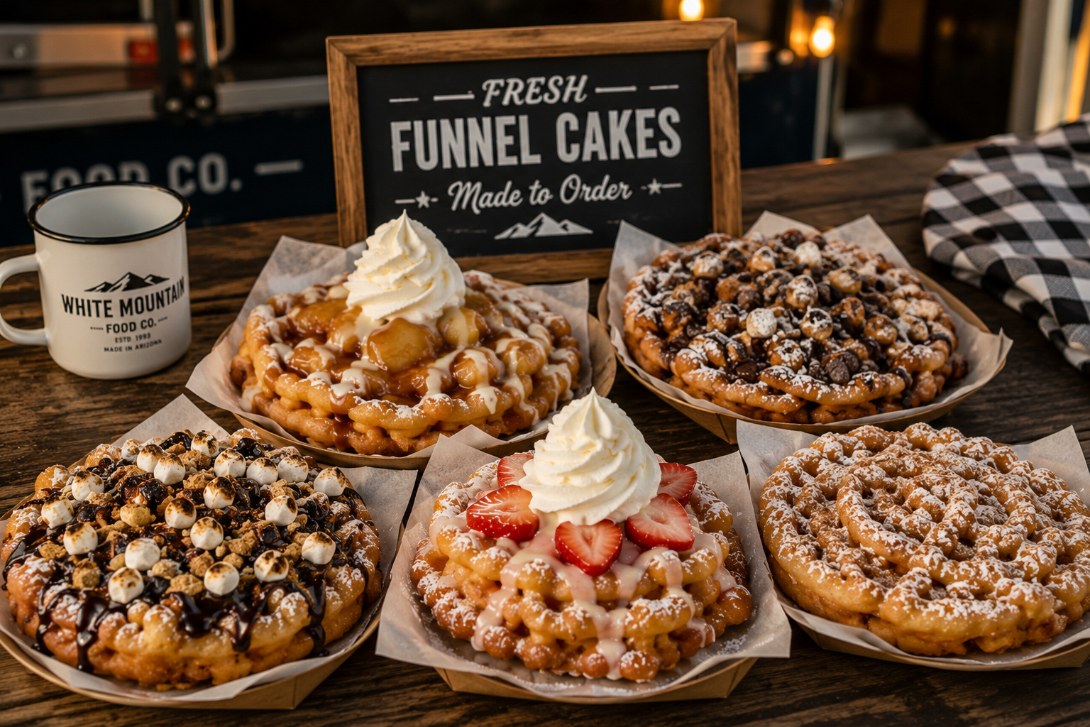 Fresh funnel cakes made to order for a White Mountain Food Co event.