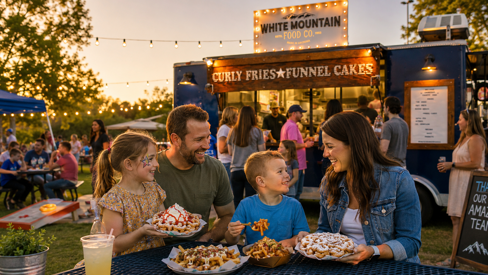 Families enjoying funnel cakes and loaded fries at a White Mountain Food Co carnival event.